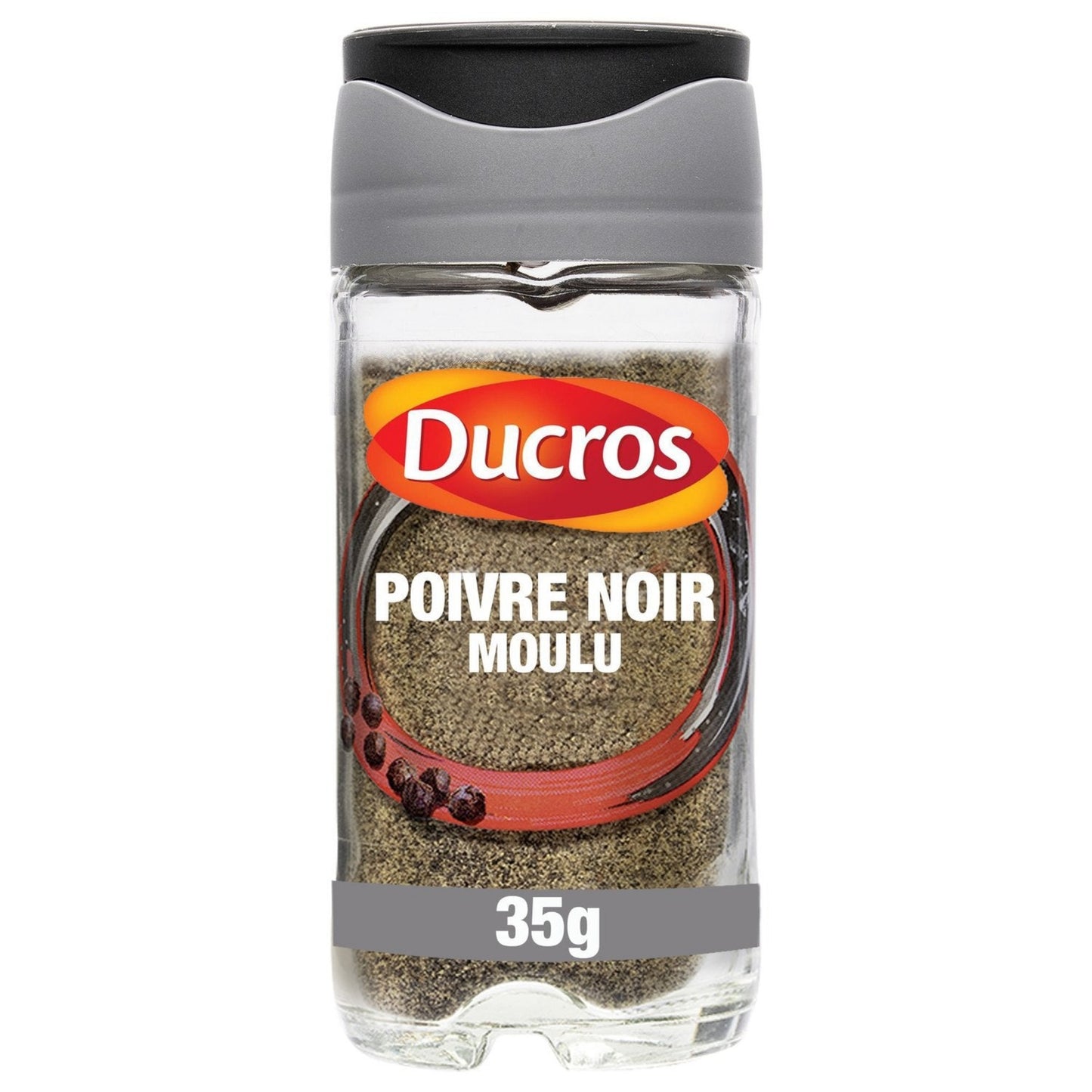 Pot d'épices DUCROS poivre noir moulu fort, contenance 35g, emballage blanc et noir avec illustration de grains de poivre