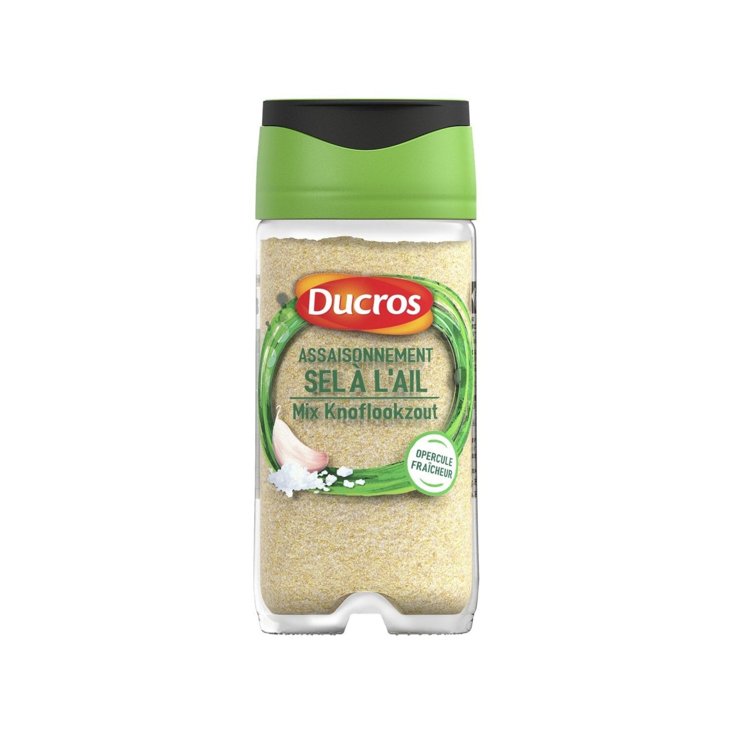 Pot d'épices DUCROS sel à l'ail, contenance 80g, emballage blanc et violet avec illustration d'ail
