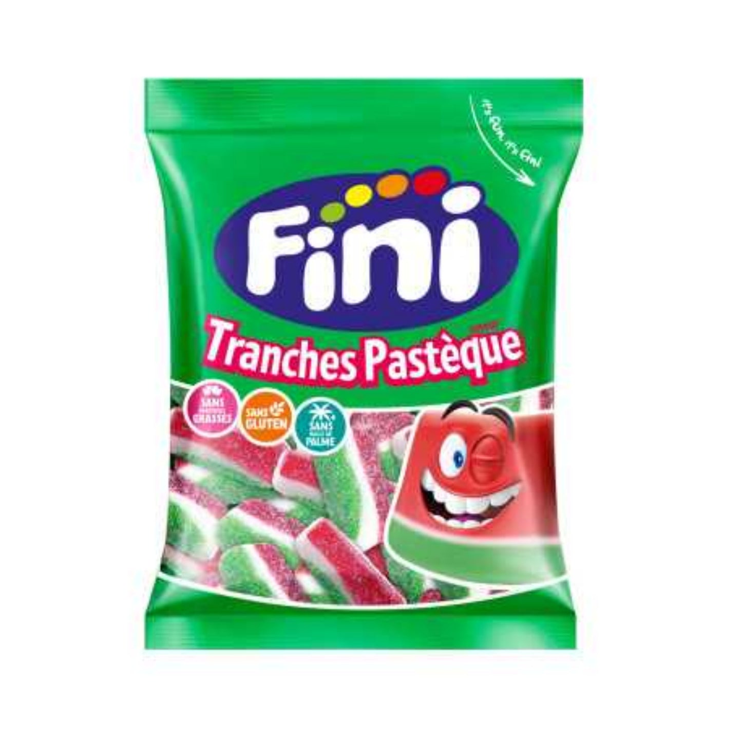 Sachet FINI Tranche Pastèque 90g avec bonbons colorés en forme de quartiers de pastèque