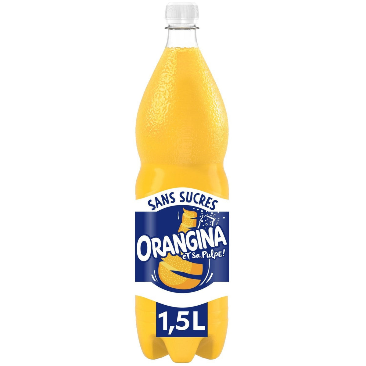 Bouteille de soda ORANGINA à l'orange avec pulpe 0% sucre, contenance 1.5L, emballage orange et blanc avec logo Orangina