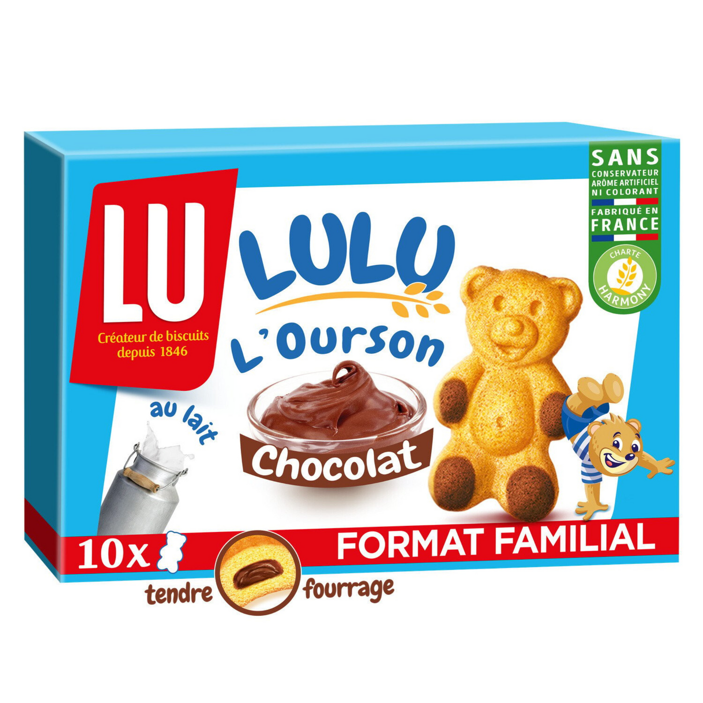 Lulu l'ourson chocolat, c'est un délicieux gâteau Ourson moelleux, riche en lait, élaboré avec des ingrédients de qualité : du blé tendre, des œufs, du chocolat… 10 sachets individuels, facile à emporter.