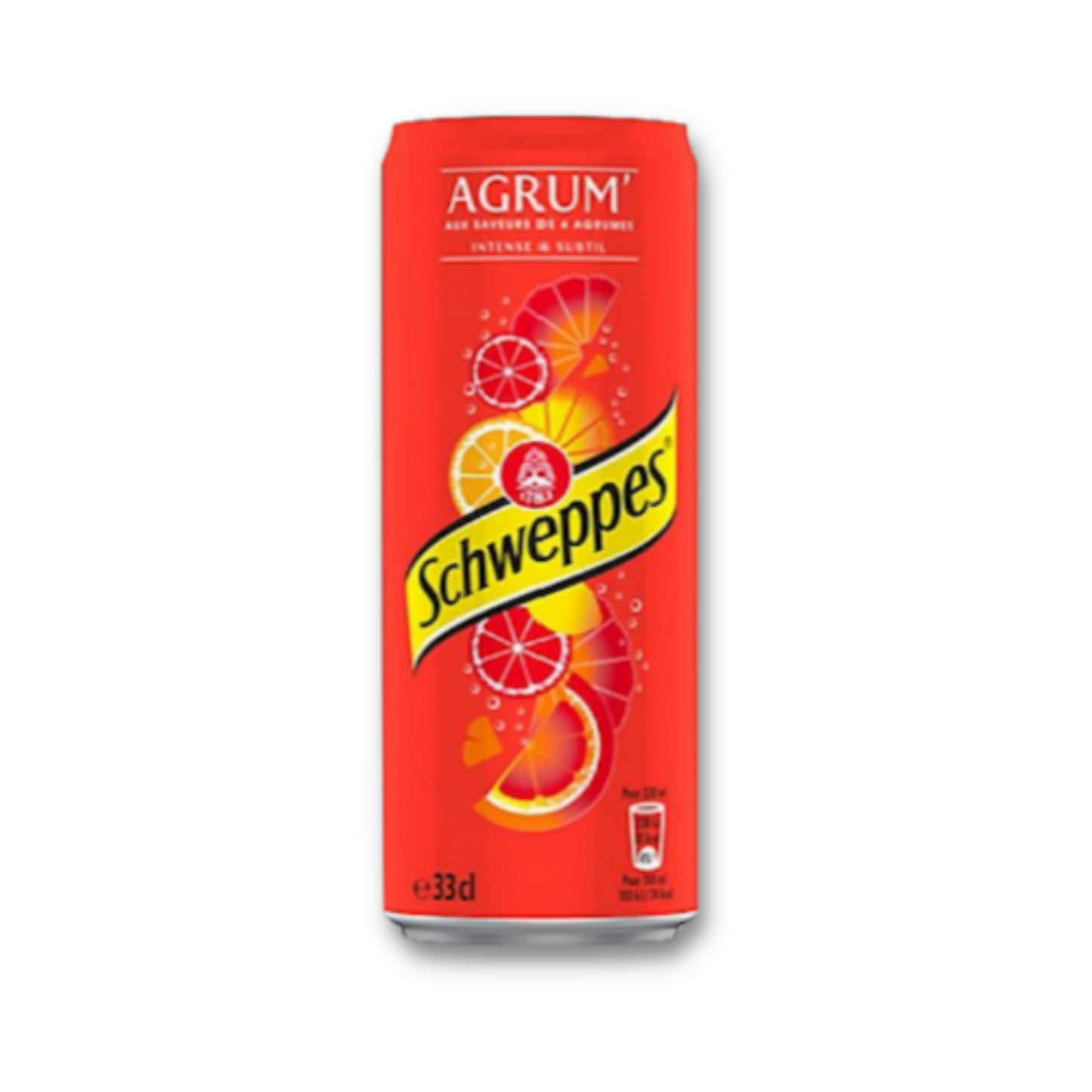 Schweppes Agrumes, aux saveurs irrésistibles d’orange, de pamplemousse, de citron vert & de mandarine, sans colorant et sans arôme artificiel.