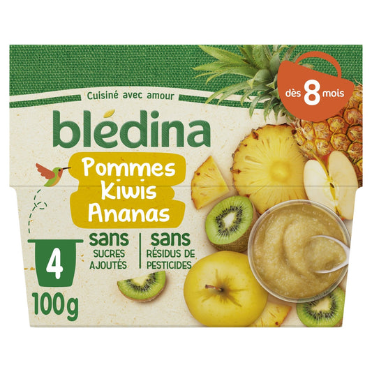 BLEDINA Purée de fruits bébé dès 8 mois pomme kiwis ananas 4 pots 400g -D34