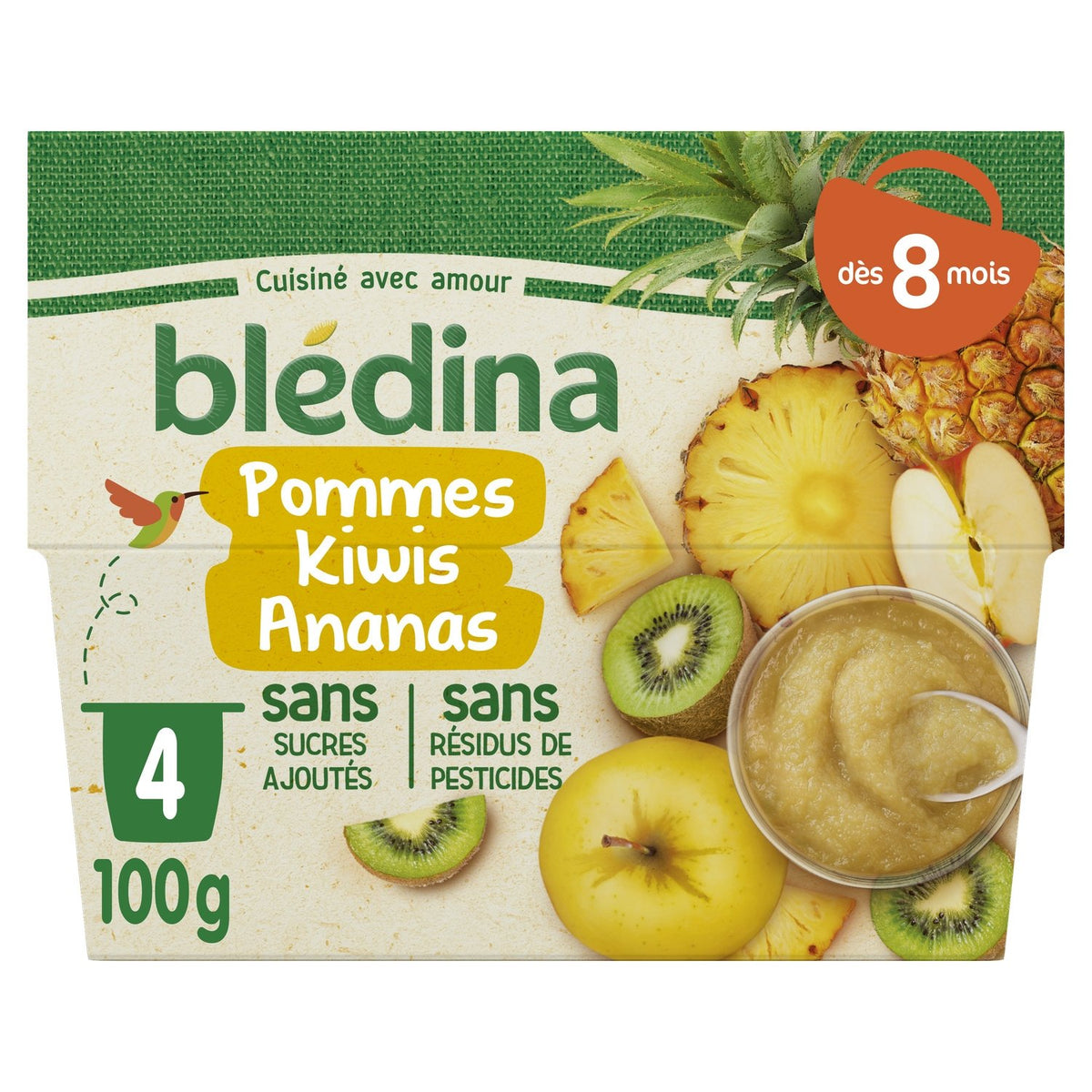 Bledina Baby fruit puree from 8 months apple Kiwis pineapple 4 pots 400g -d41