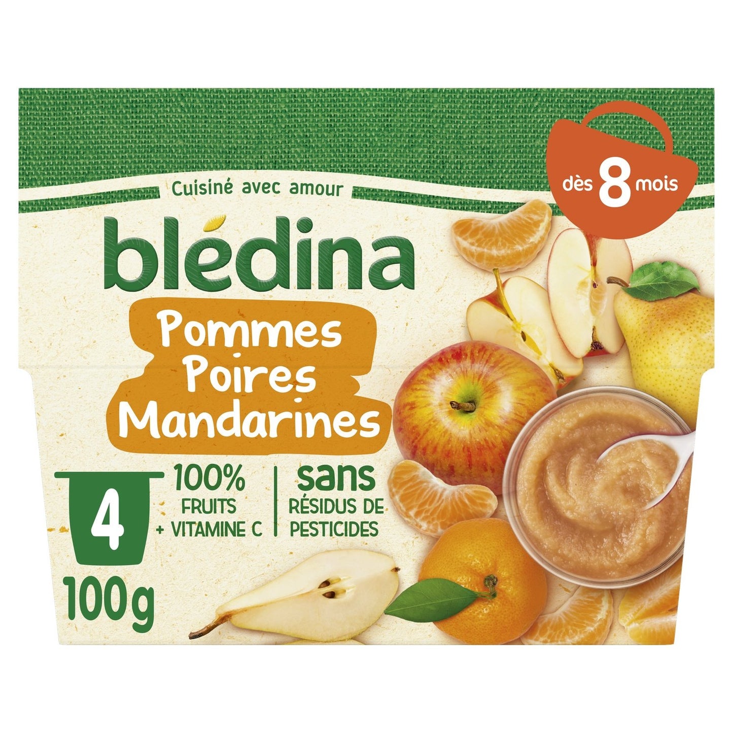 BLEDINA Purée de fruits bébé dès 8 mois pomme poire mandarine 4 pots 400g -C23