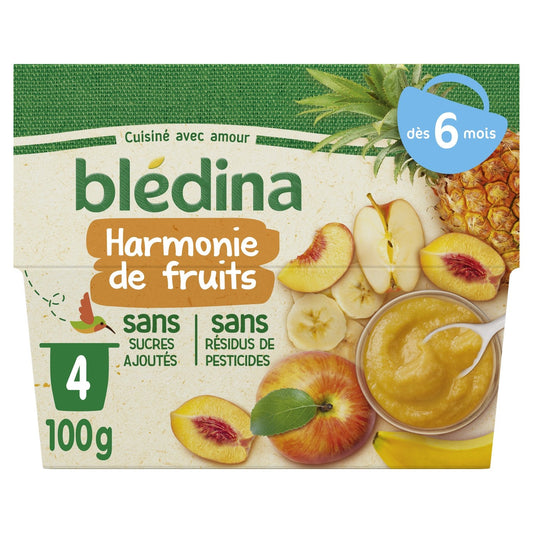 BLEDINA Purée de fruits bébé dès 6 mois harmonie de fruits 4pots 400g -D34
