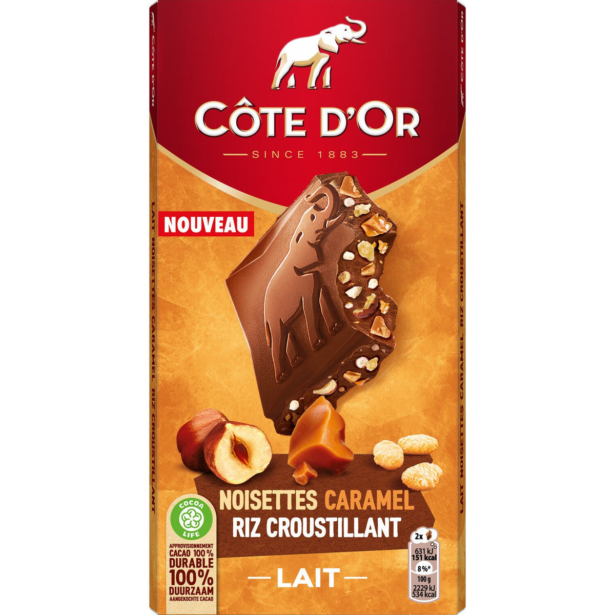 COTE D'OR Tablette de chocolat au lait noisettes caramel et riz croustillant 170g -B43