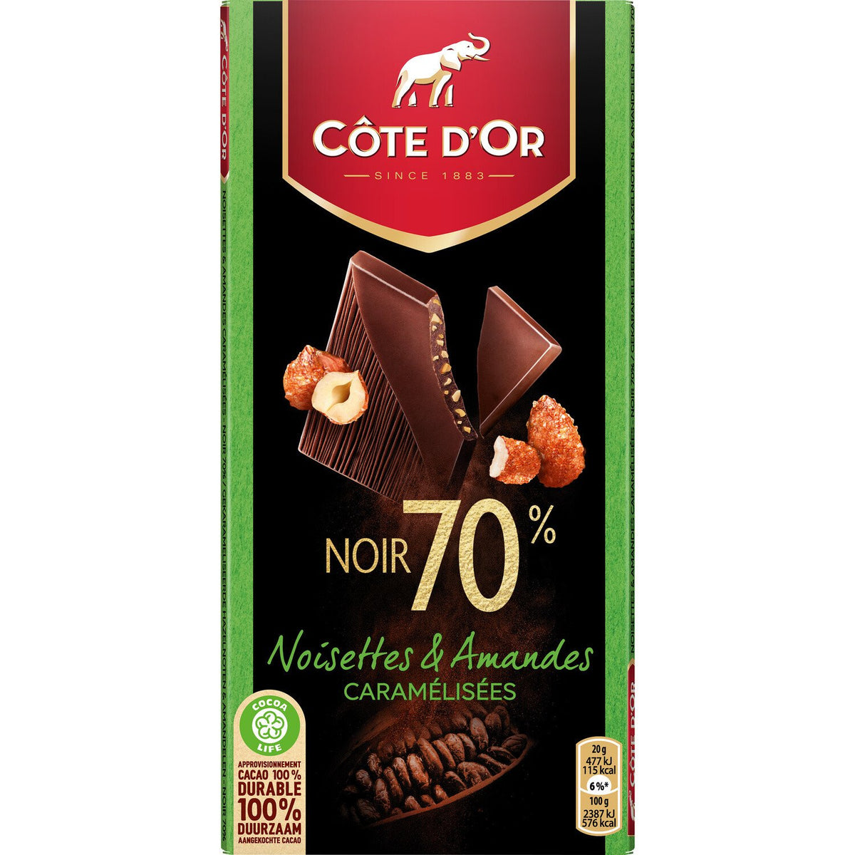 COTE D'OR Tablette de chocolat noir 70% noisettes et amandes caramélisées 100g -B22
