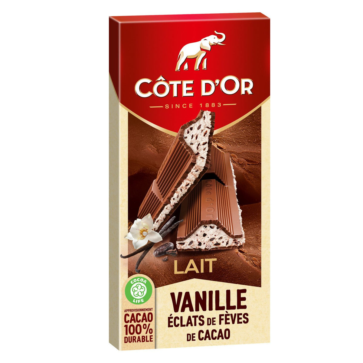 COTE D'OR Tablette de chocolat au lait fourré à la vanille et aux éclats de fèves de cacao 190g -B23