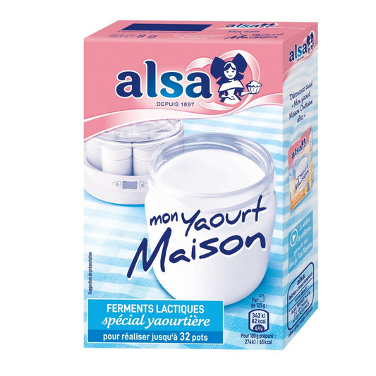 Sachet de ferments ALSA pour yaourt maison spécial yaourtière, contenance 32g, emballage rouge et blanc avec illustration de yaourts