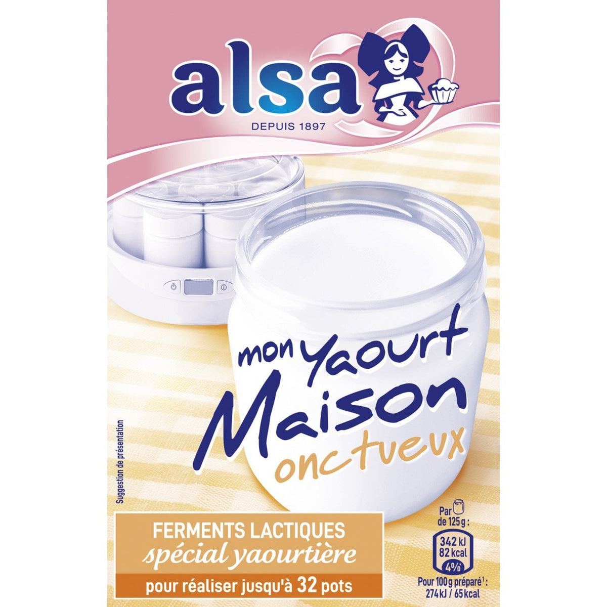 Sachet de ferments ALSA pour yaourt maison spécial yaourtière onctueux, contenance 32g, emballage rouge et blanc avec illustration de yaourts crémeux