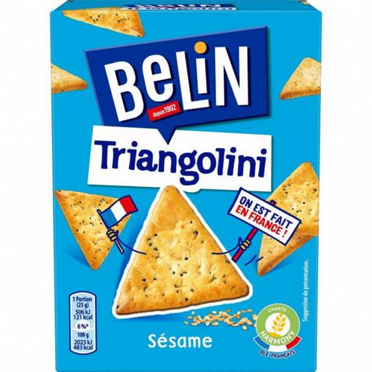 Paquet de crackers triangulaires Belin Triangolini, format 110g, idéal pour l'apéritif ou les collations. Croquants et savoureux, ces crackers en forme de triangles se marient parfaitement avec des dips, du fromage ou des charcuteries. Emballage pratique pour une dégustation à tout moment de la journée