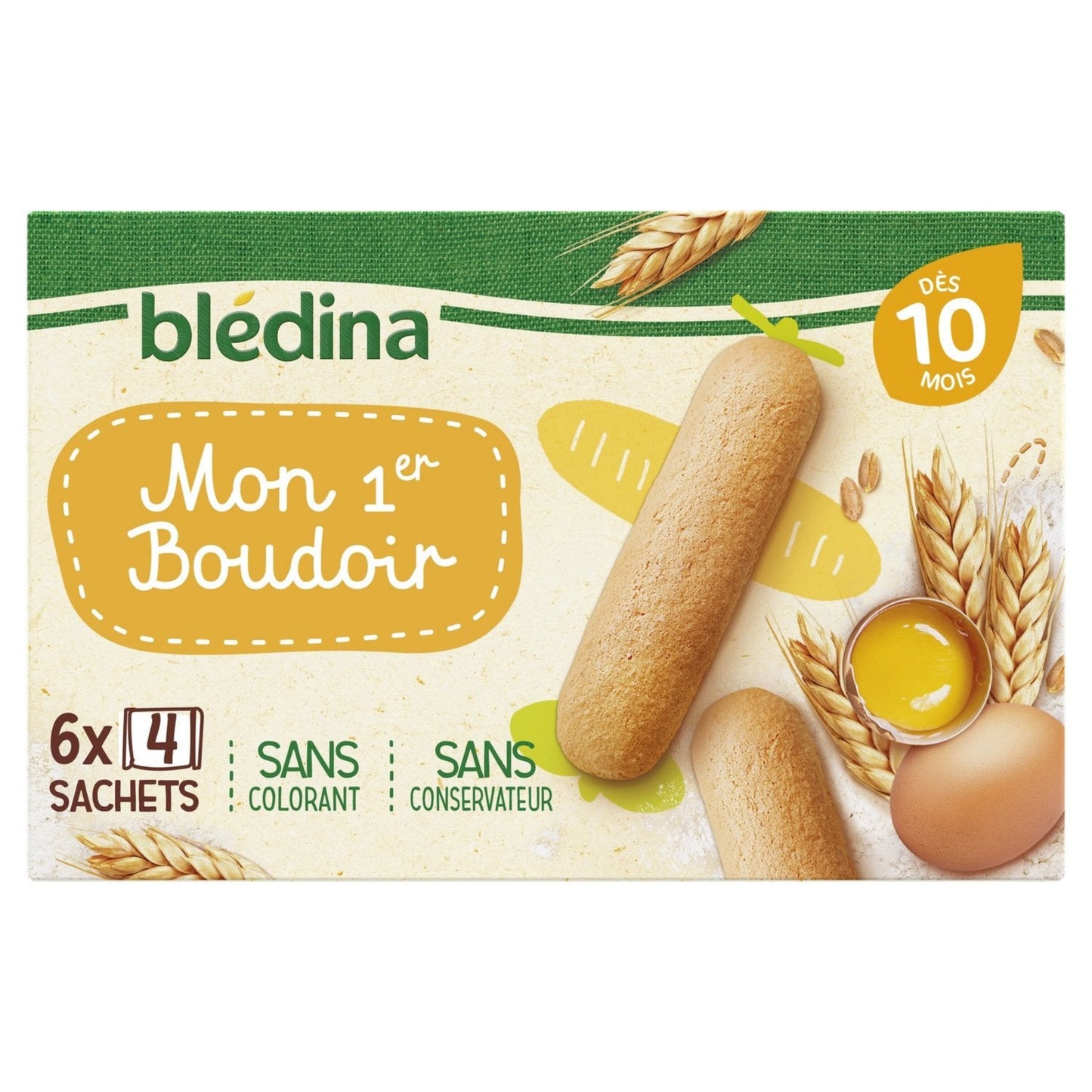 Paquet de biscuits pour bébé BLEDINA saveur boudoir dès 10 mois, contenance 120g, emballage blanc et orange avec illustration de biscuits et bébé