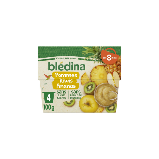 BLEDINA Purée de fruits bébé dès 8 mois pomme kiwis ananas 4 pots 400g -D34