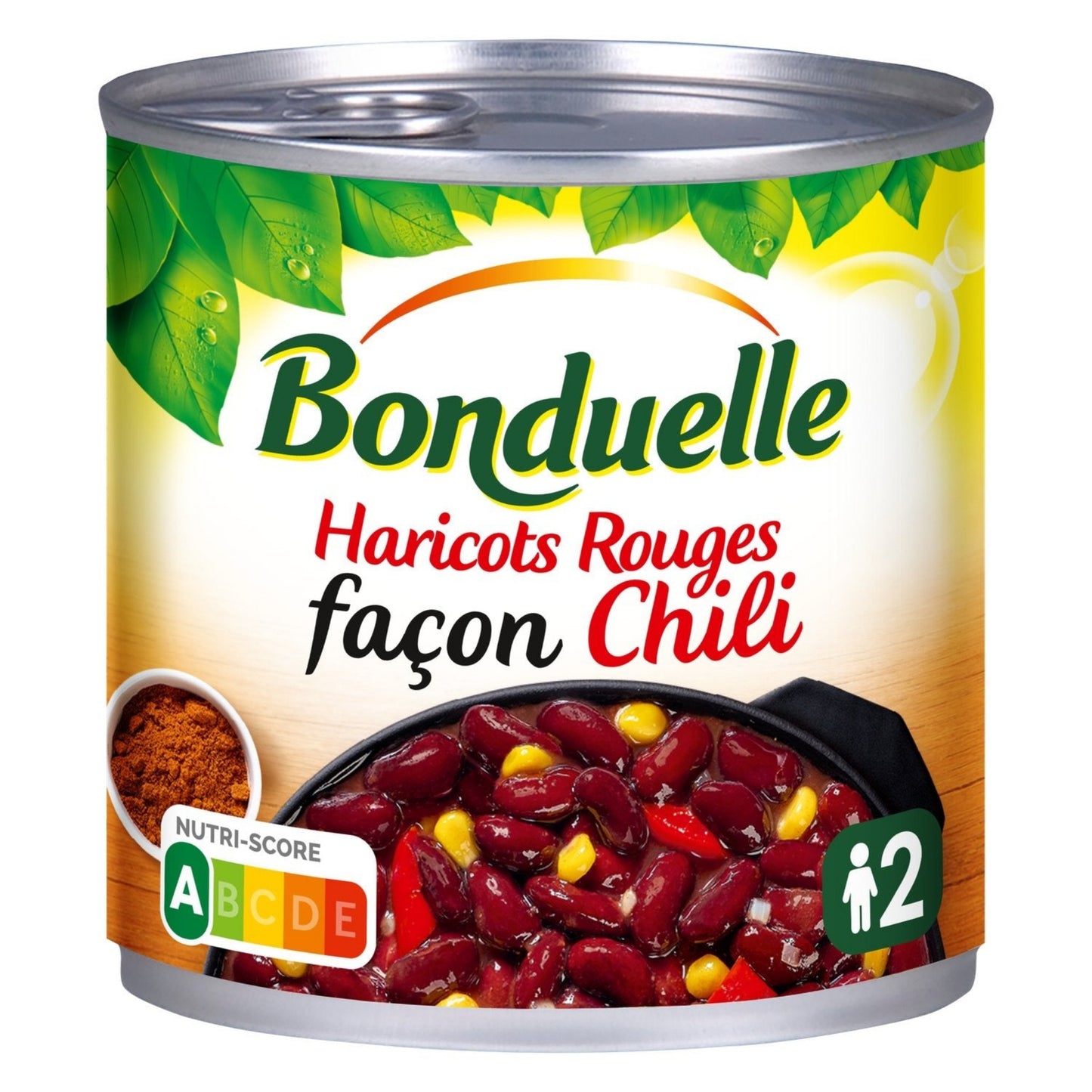 Boîte de conserve BONDUELLE haricots rouges façon chili, contenance 400g, emballage rouge et blanc avec illustration de haricots