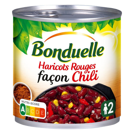 Boîte de conserve BONDUELLE haricots rouges façon chili, contenance 400g, emballage rouge et blanc avec illustration de haricots