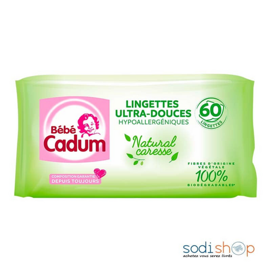 Paquet de lingettes bébé CADUM Natural Caresse, lot de 2 paquets de 60 lingettes, emballage blanc et vert avec illustration bébé