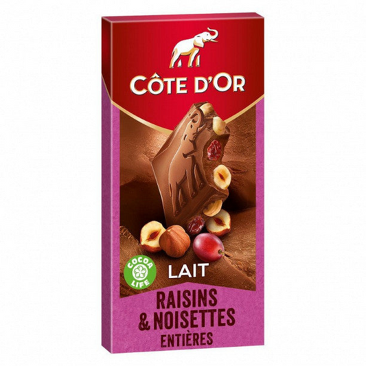 COTE D'OR Lait raisins noisettes 180g -B34
