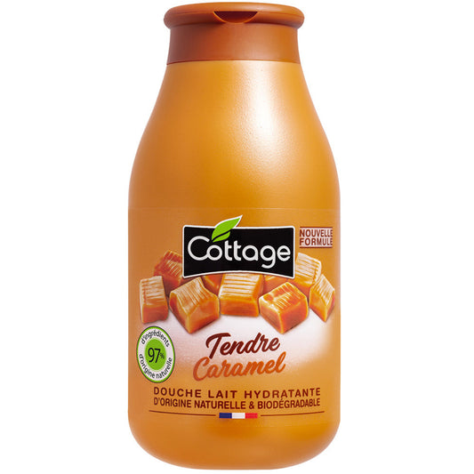 Flacon de gel douche COTTAGE au lait hydratant parfum caramel, contenance 250ml, emballage beige et marron