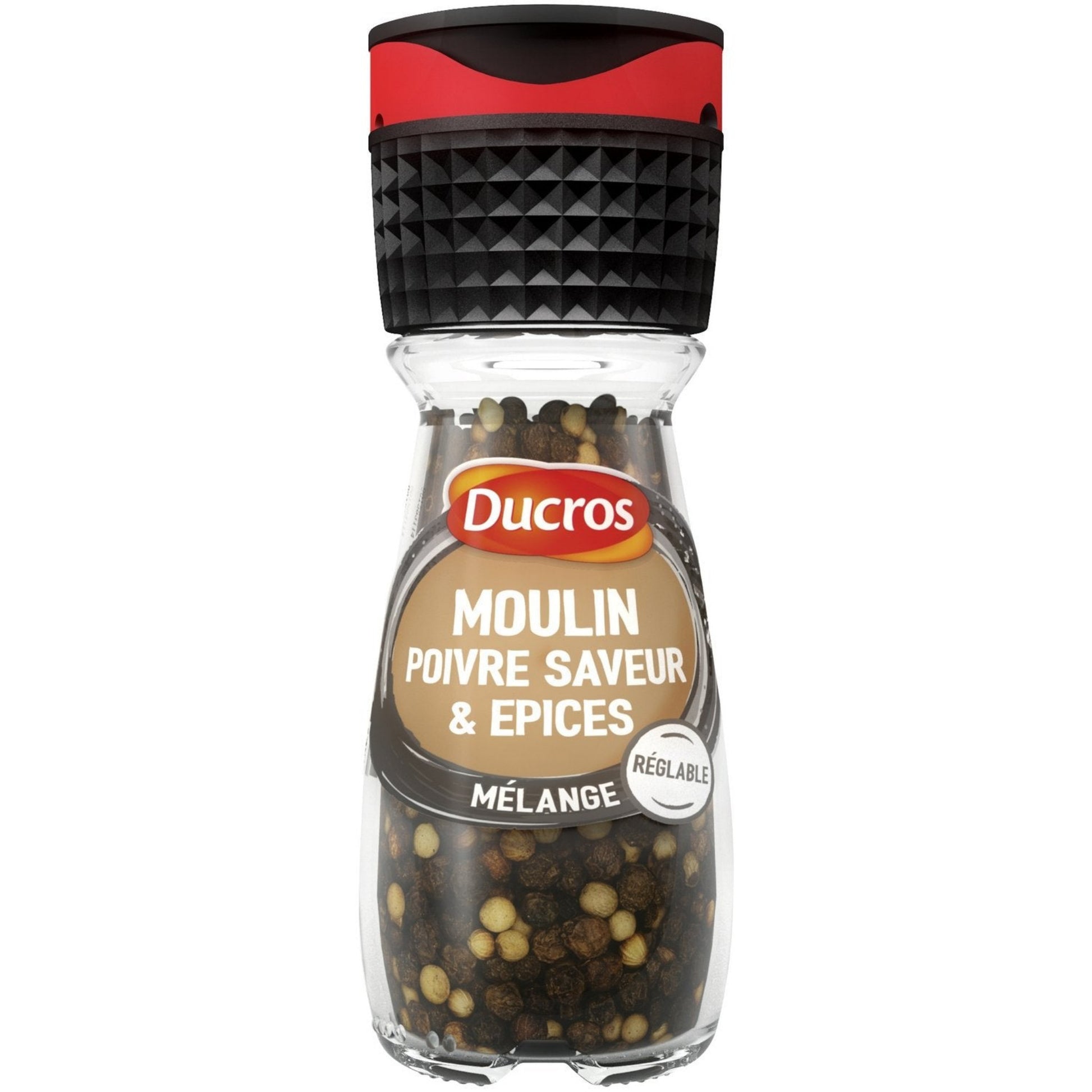Moulin à épices DUCROS poivre saveur et épices, contenance 30g, emballage blanc et rouge avec moulin intégré