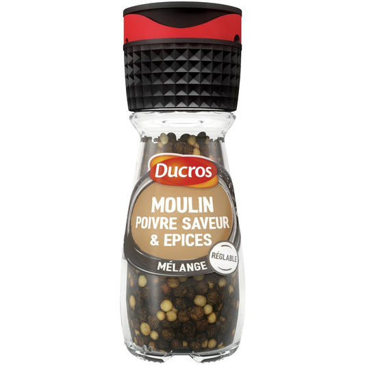 Moulin à épices DUCROS poivre saveur et épices, contenance 30g, emballage blanc et rouge avec moulin intégré
