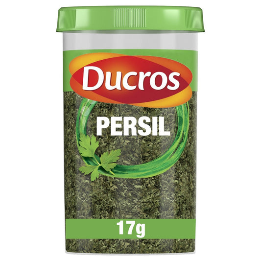 Pot d'herbes aromatiques DUCROS persil séché, contenance 17g, emballage blanc et vert avec illustration de persil