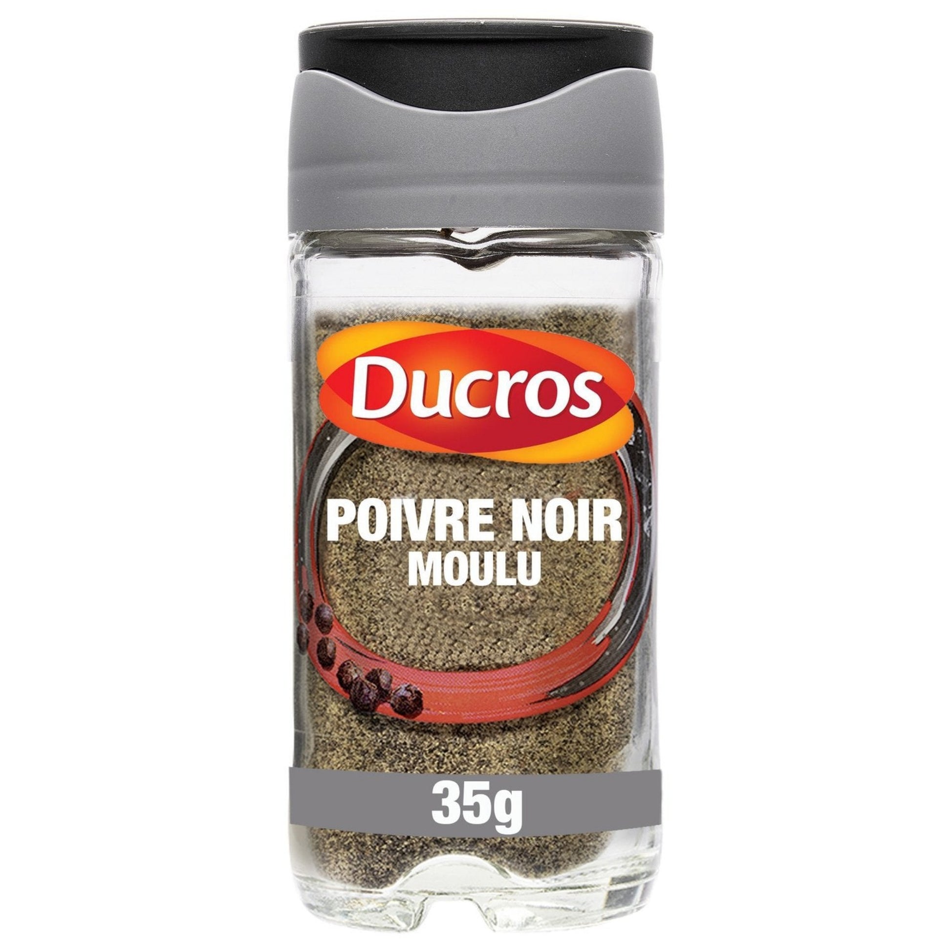 Pot d'épices DUCROS poivre noir moulu fort, contenance 35g, emballage blanc et noir avec illustration de grains de poivre