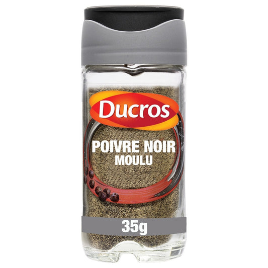 Pot d'épices DUCROS poivre noir moulu fort, contenance 35g, emballage blanc et noir avec illustration de grains de poivre