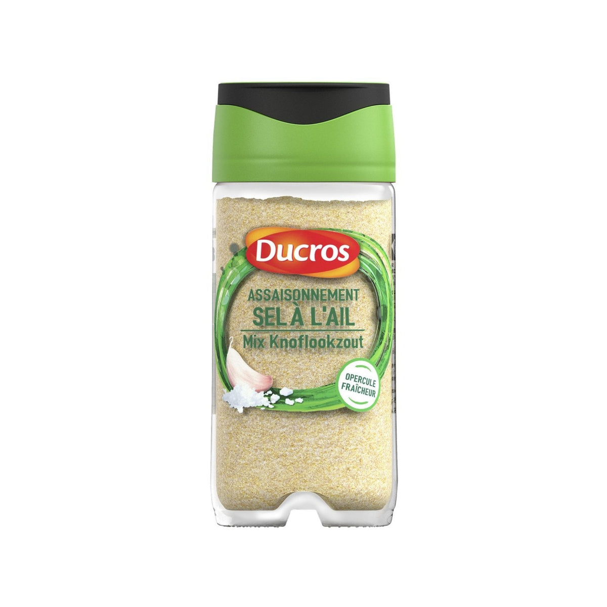 Pot d'épices DUCROS sel à l'ail, contenance 80g, emballage blanc et violet avec illustration d'ail