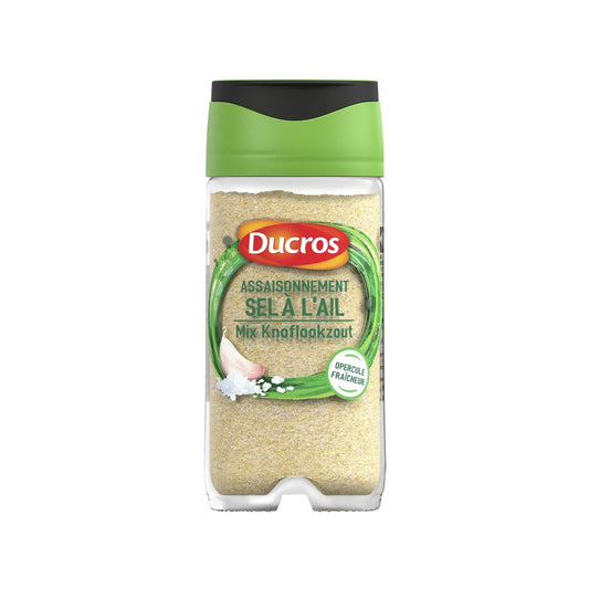 Pot d'épices DUCROS sel à l'ail, contenance 80g, emballage blanc et violet avec illustration d'ail