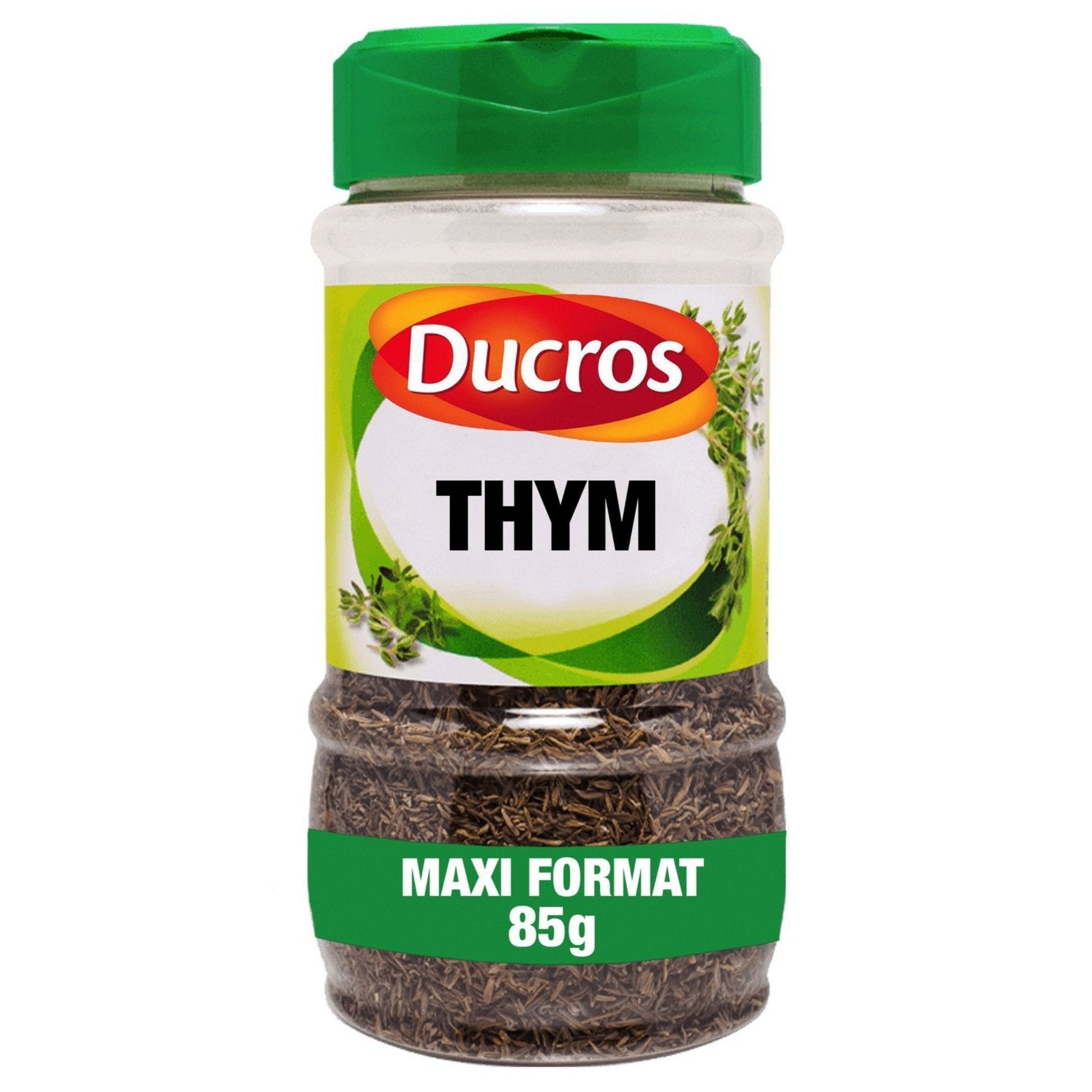 Pot d'épices DUCROS thym séché, contenance 85g, emballage blanc et vert avec illustration de thym