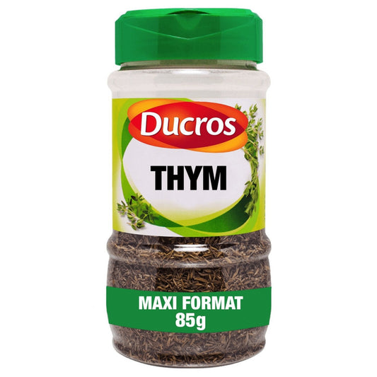 Pot d'épices DUCROS thym séché, contenance 85g, emballage blanc et vert avec illustration de thym