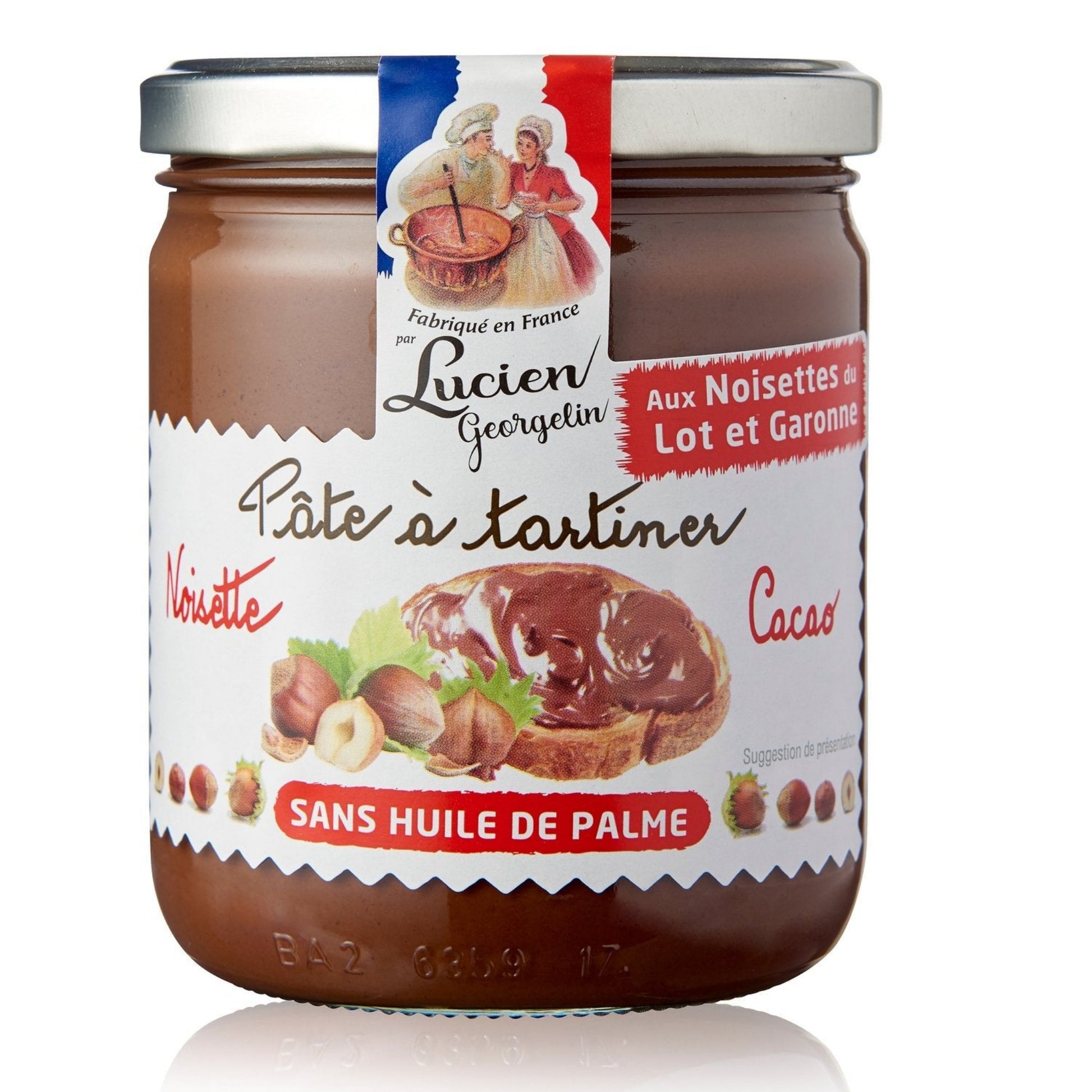 Pot de pâte à tartiner LUCIEN GEORGELIN aux noisettes et cacao, contenance 400g, emballage blanc et marron avec illustration de noisettes