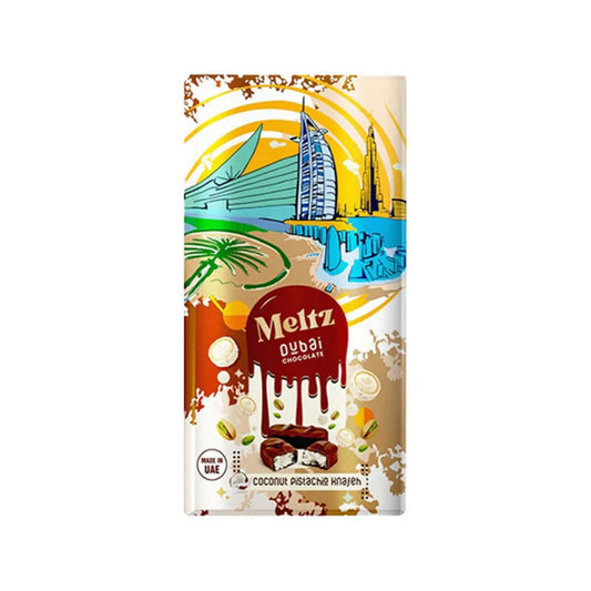 Découvrez MELTZ - Dubai Chocolate Coconut 192g. Chocolat de Dubaï aux saveurs de noix de coco. Sachet coloré 192g disponible chez Euro-Market. Livraison rapide au Canada.