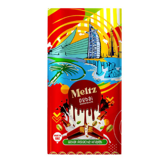 MELTZ - Dubai Chocolate Kitkat 192g - Sachet coloré aux motifs tropicaux avec logo MELTZ, contenant du chocolat de Dubaï aux saveurs Kitkat croquantes