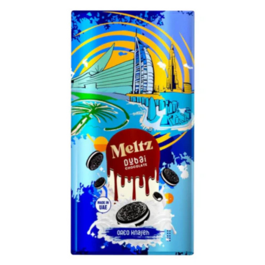 Découvrez MELTZ - Dubai Chocolate Oreo 200g, chocolat de Dubaï aux saveurs Oreo délicieuses et croquantes. Sachet coloré 200g disponible chez Euro-Market. Livraison rapide au Canada.