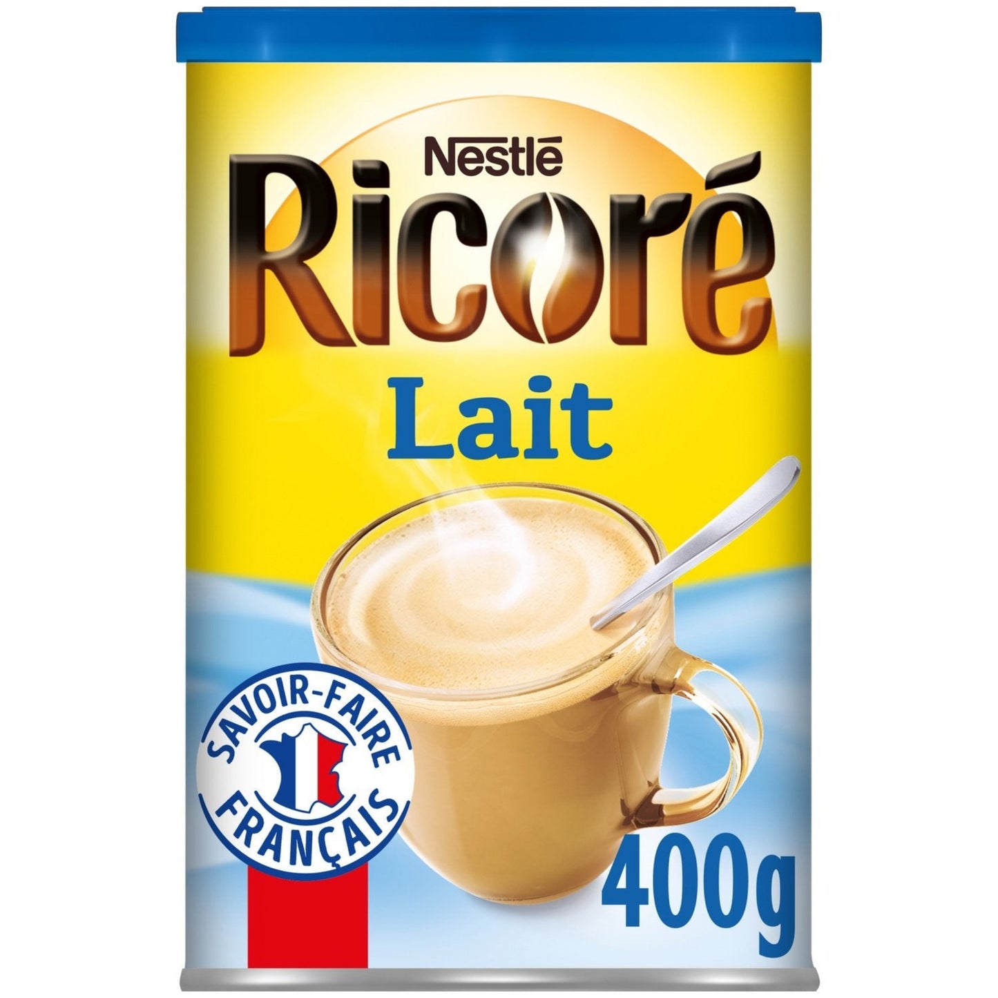 Pot de café soluble NESTLÉ chicorée au lait, contenance 400g, emballage rouge et blanc avec logo Nestlé et illustration de café au lait