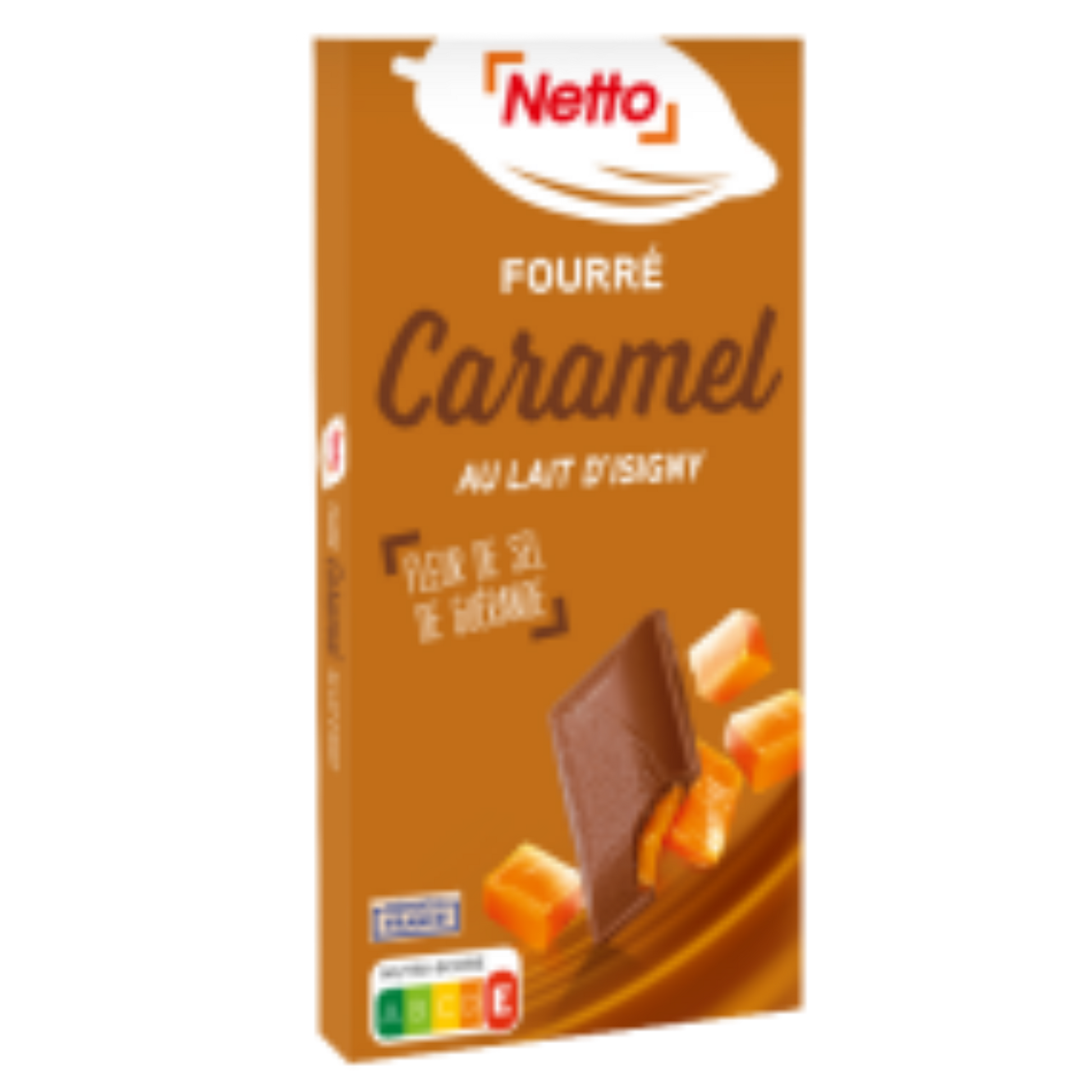 Tablette de chocolat au lait NETTO fourrée au caramel, contenance 125g, emballage bleu et doré avec illustration de chocolat et caramel