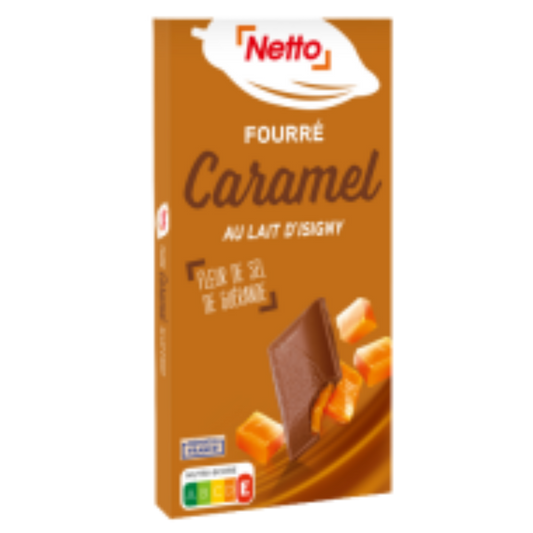 Tablette de chocolat au lait NETTO fourrée au caramel, contenance 125g, emballage bleu et doré avec illustration de chocolat et caramel