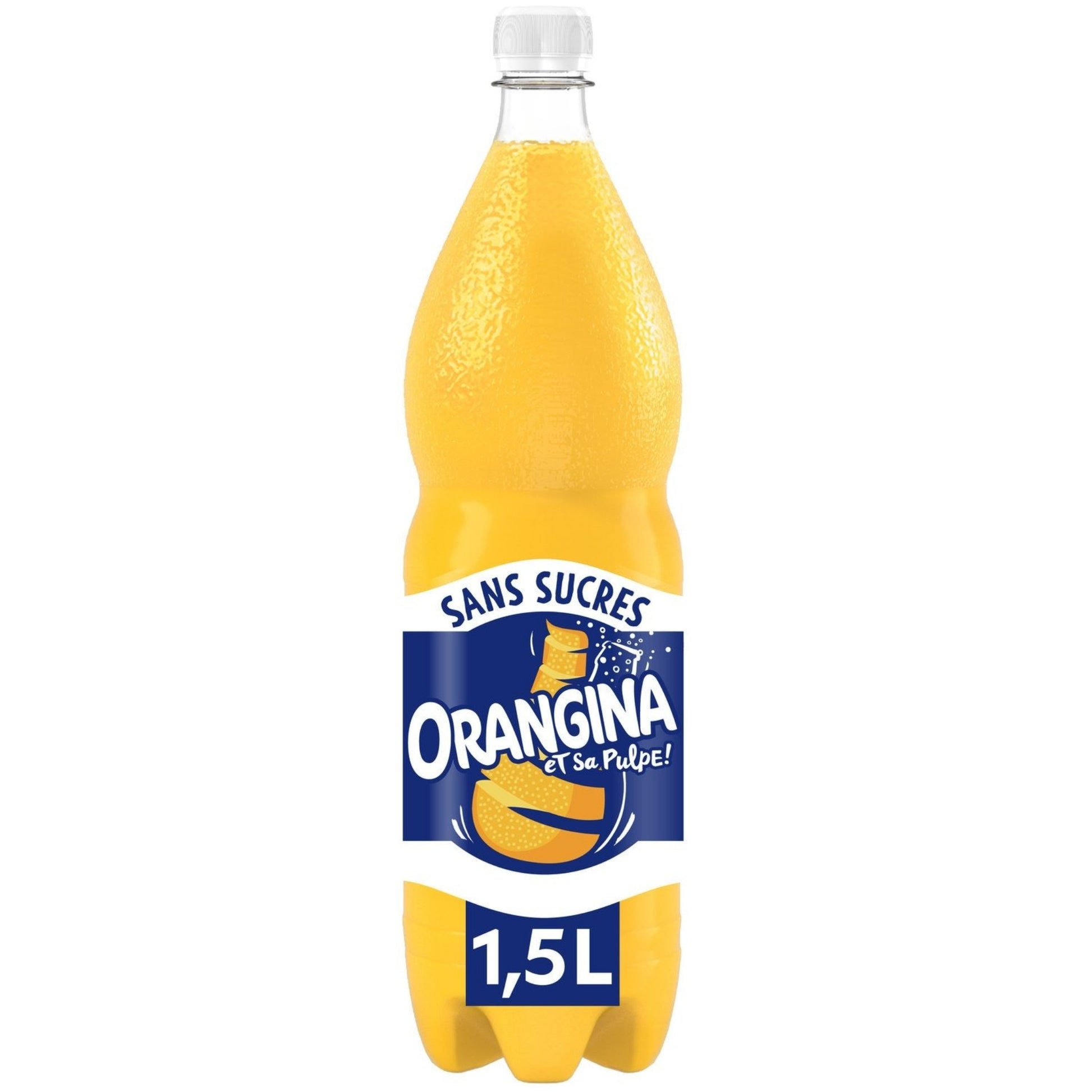 Bouteille de soda ORANGINA à l'orange avec pulpe 0% sucre, contenance 1.5L, emballage orange et blanc avec logo Orangina