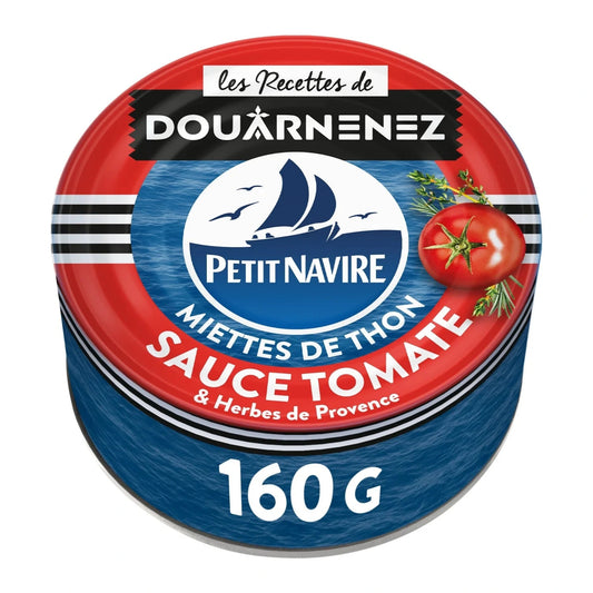 PETIT NAVIRE Miettes de thon 160 g à la sauce tomates et herbes de Provence – thon en conserve savoureux, prêt à déguster. 