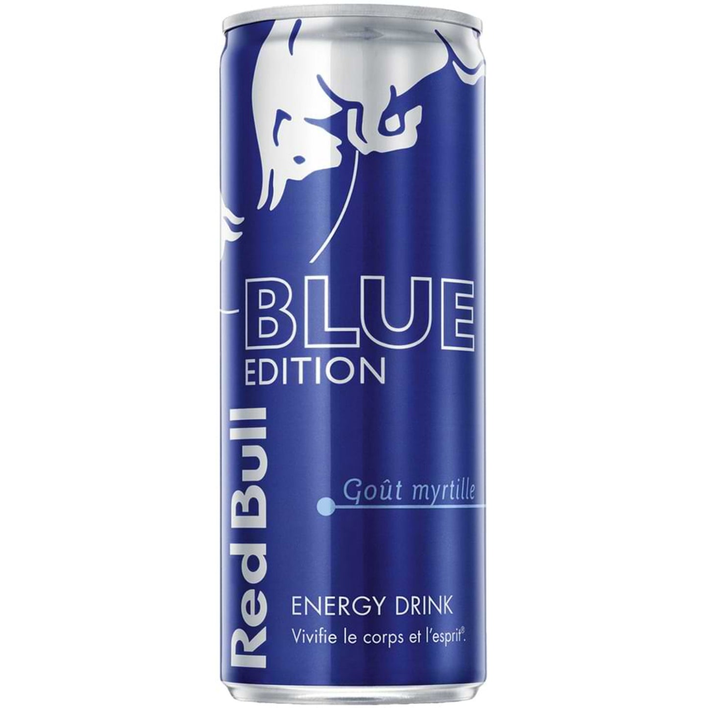 Canette de 250 ml de Red Bull Blue Edition, boisson énergisante aromatisée à la myrtille, au design bleu métallisé