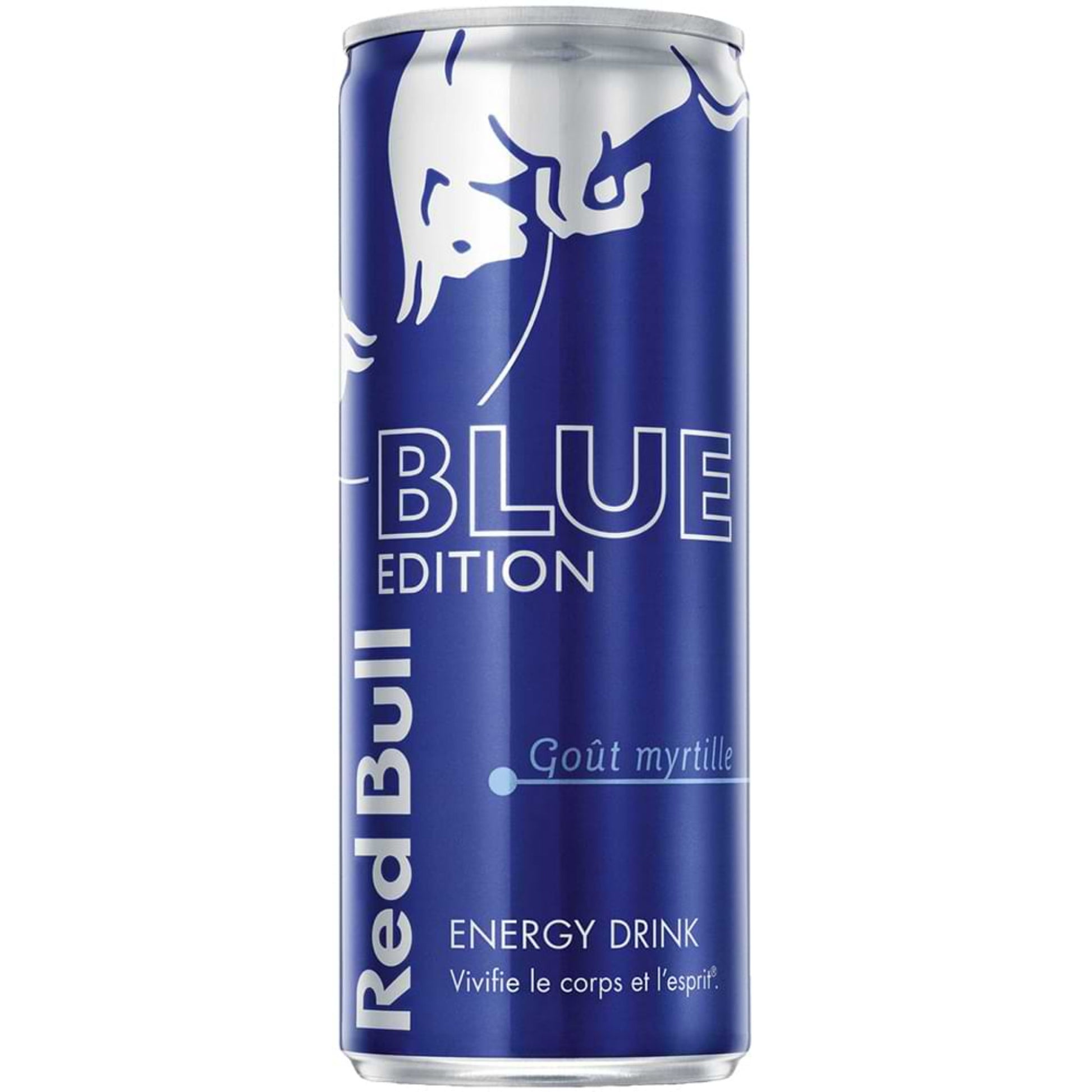 Canette de 250 ml de Red Bull Blue Edition, boisson énergisante aromatisée à la myrtille, au design bleu métallisé