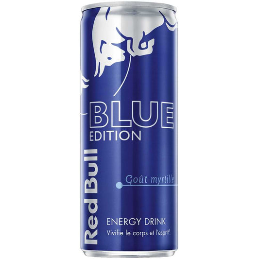 Canette de 250 ml de Red Bull Blue Edition, boisson énergisante aromatisée à la myrtille, au design bleu métallisé