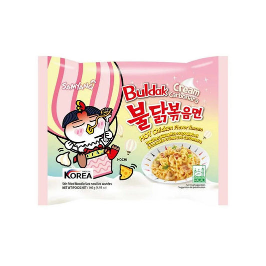 Découvrez SAMYANG Buldak Chicken Flavor Cream Carbonara 130g, nouilles instantanées épicées aux saveurs de poulet et carbonara crémeuse. Format pratique 130g disponible chez Euro-Market. Livraison rapide au Canad