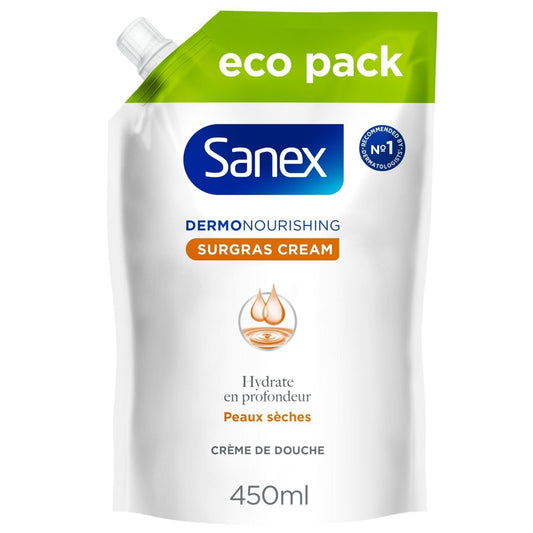 Flacon de crème douche SANEX hydratant pour peaux sèches surgras, contenance 450ml, emballage blanc et bleu