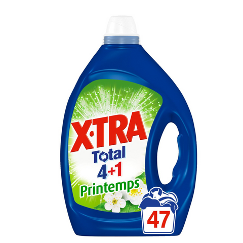 X•TRA Total 4+1 Printemps allie l'expertise d'X•TRA à la fraîcheur du printemps. Sa formule permet un résultat impeccable, lavage après lavage, pour un blanc lumineux et des couleurs éclatantes. Pour un linge impeccable, toujours à prix X•TRA !