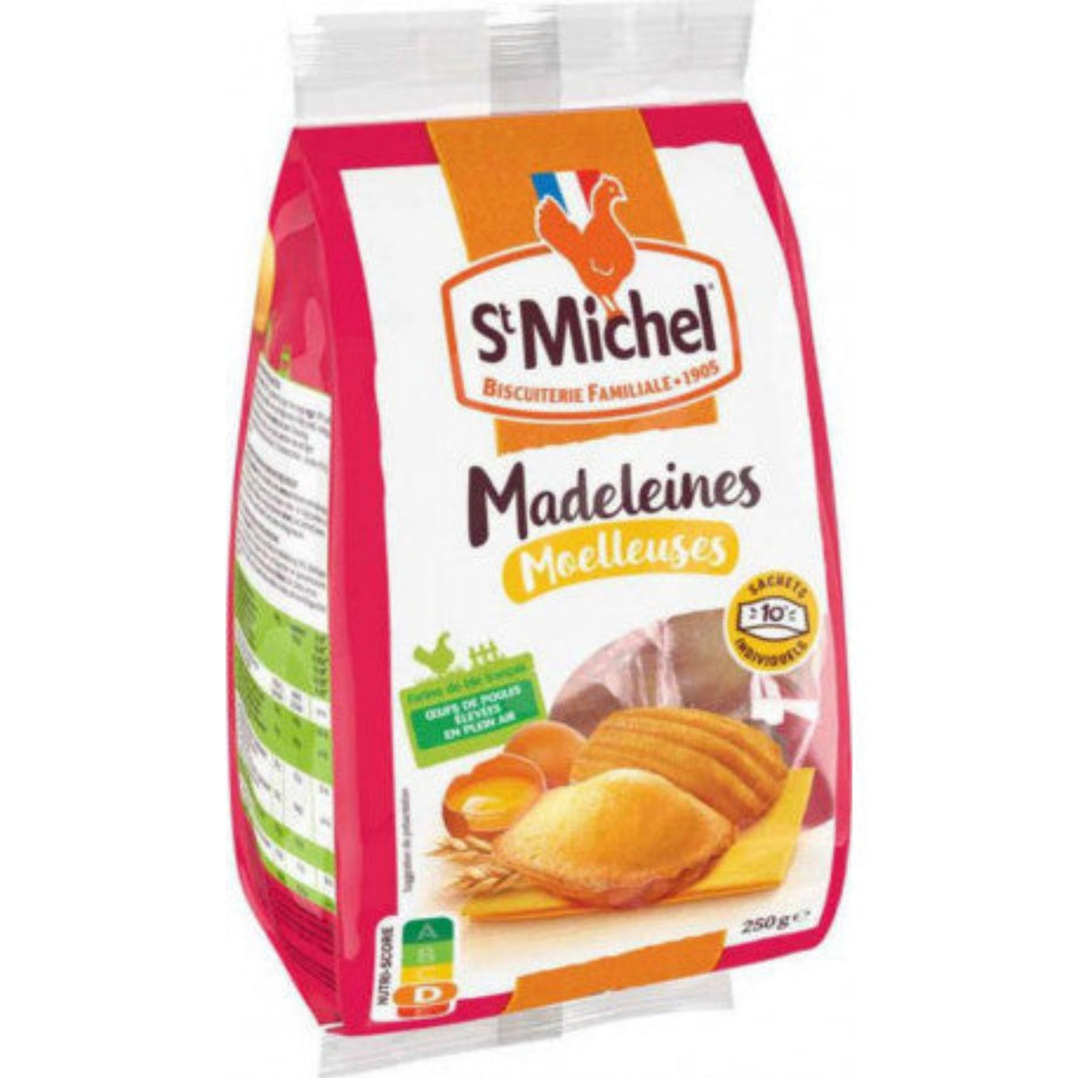 Paquet de Madeleines Moelleuses Saint Michel - format 250g. Ces délicieuses madeleines au bon goût de beurre, fabriquées en France, offrent une texture fondante et légère. Parfaites pour le petit-déjeuner, le goûter ou une pause gourmande à tout moment de la journée