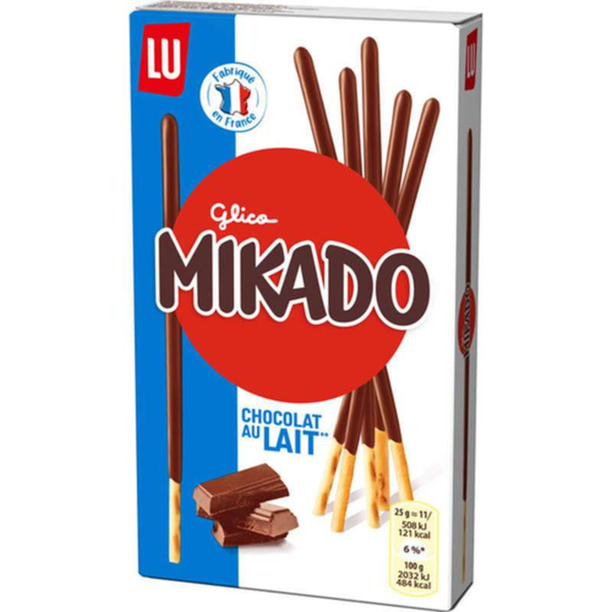 Mikado chocolat au lait, un biscuit fin et croquant enrobé d'un délicieux nappage au chocolat au lait.