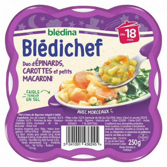 Des morceaux de carottes et des épinards fondants cuisinés avec des petites pâtes pour varier les plaisirs de Bébé.
